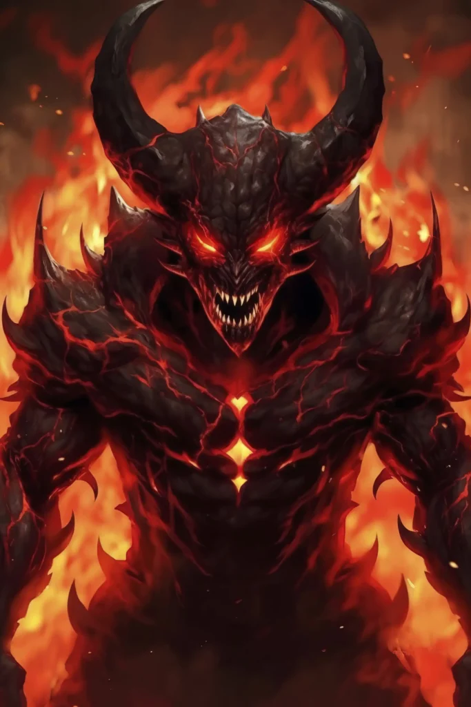 anime style evil character with fire flames Web V